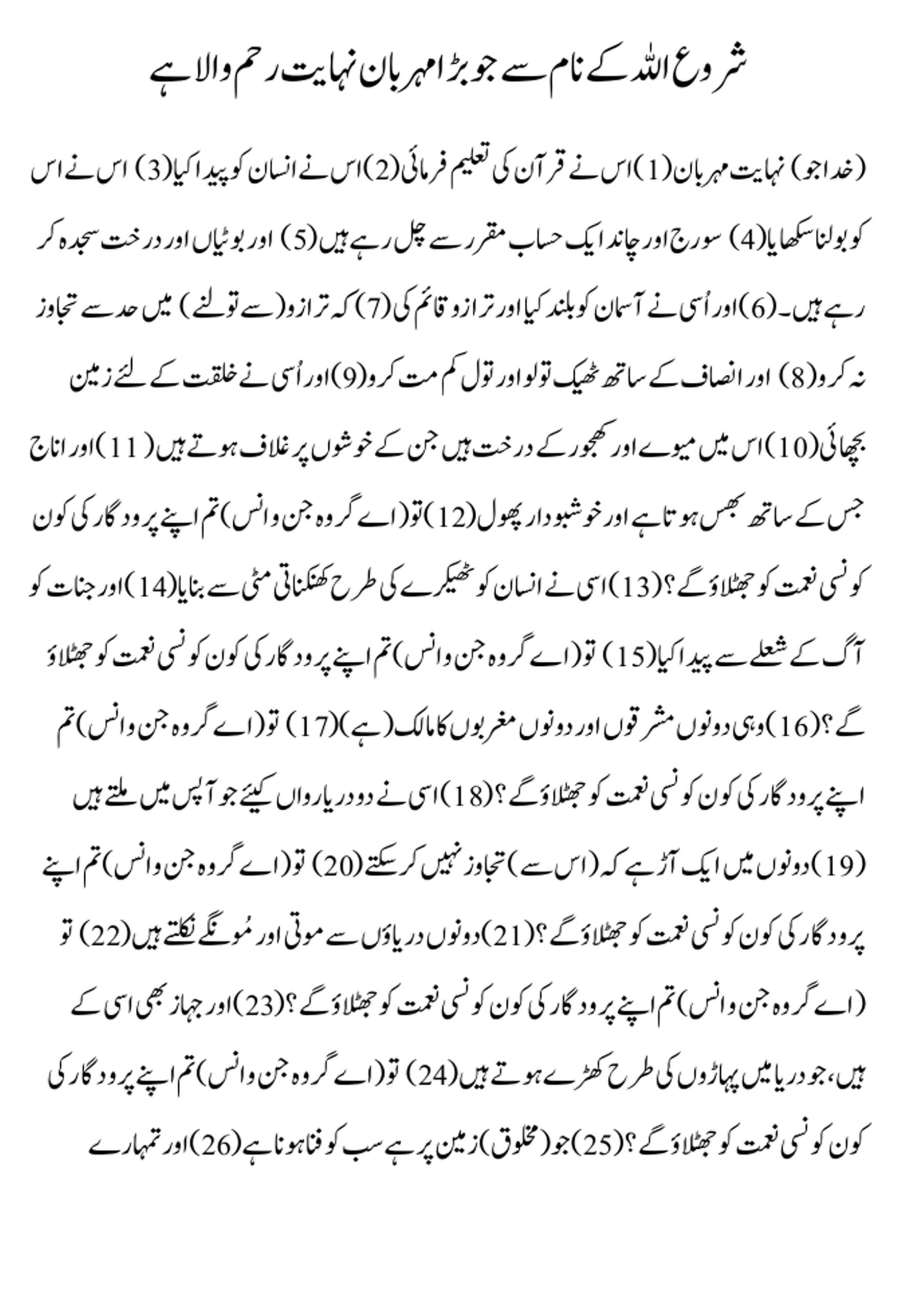 surah rahman urdu tarjuma translation